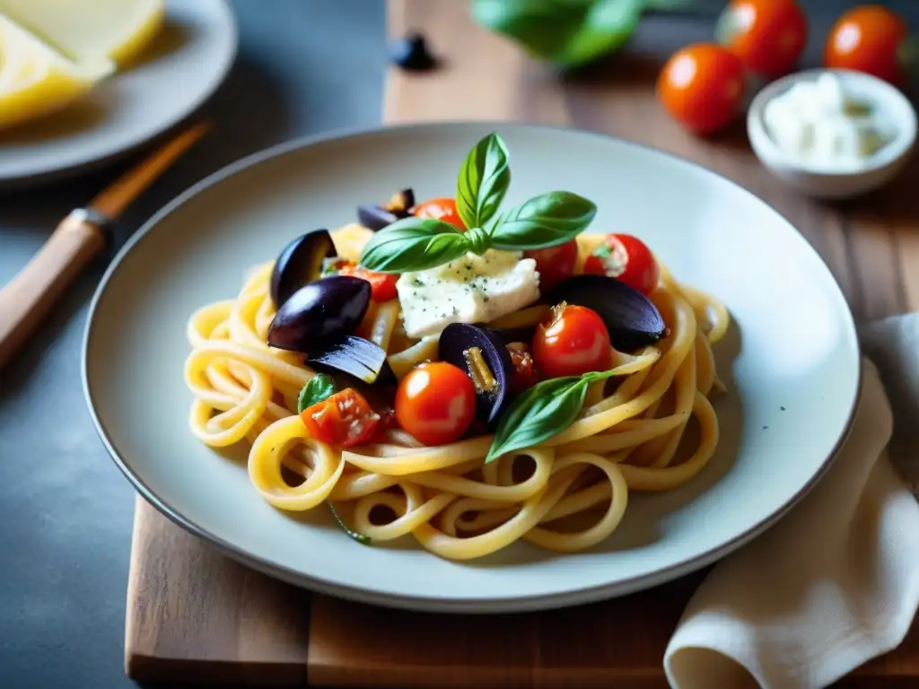 Deléitate con una exquisita Pasta Alla Norma Sicilia en una cocina típica siciliana al sol