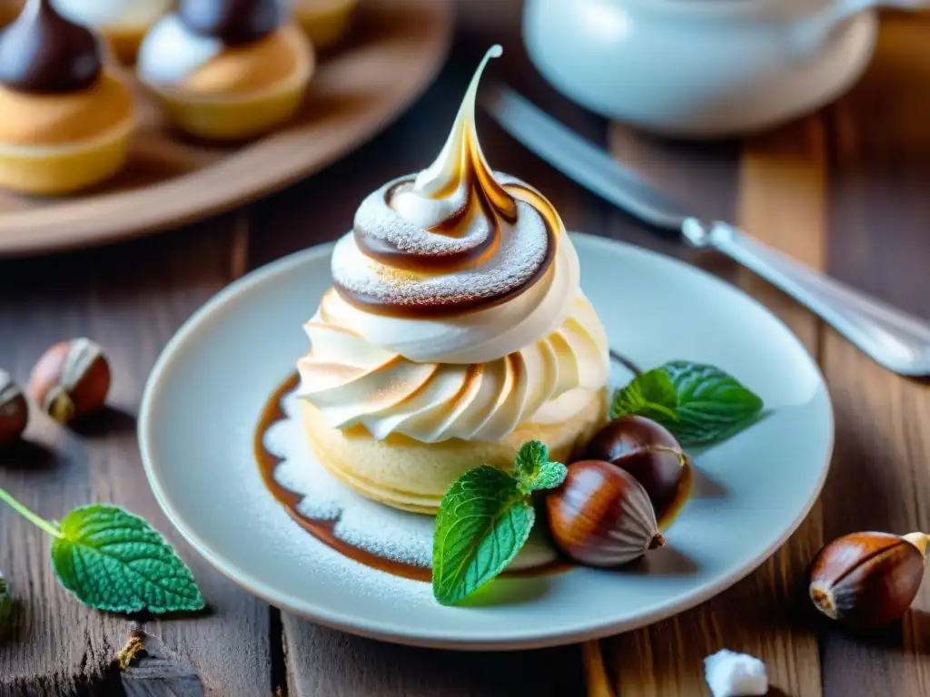 Una exquisita pastelería gourmet Mont Blanc, con crema de castañas y merengue, sobre una elegante vajilla blanca