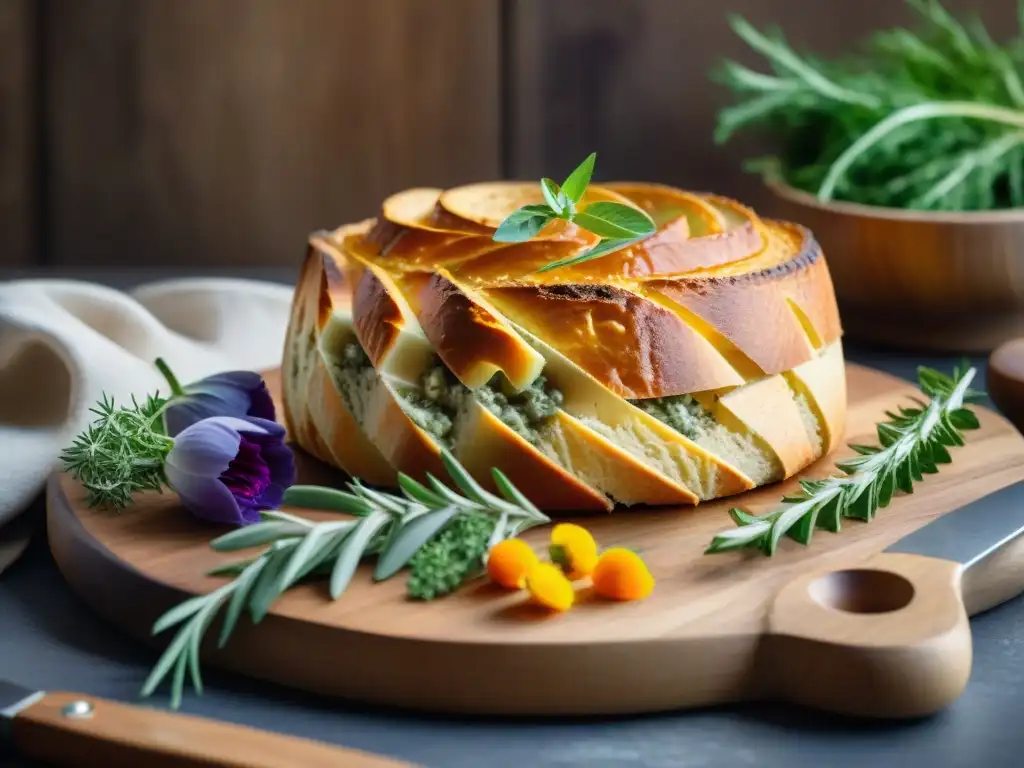 Una exquisita pâté en croûte gourmet receta decorada con arte culinario, rodeada de hierbas frescas y flores comestibles en una tabla rústica