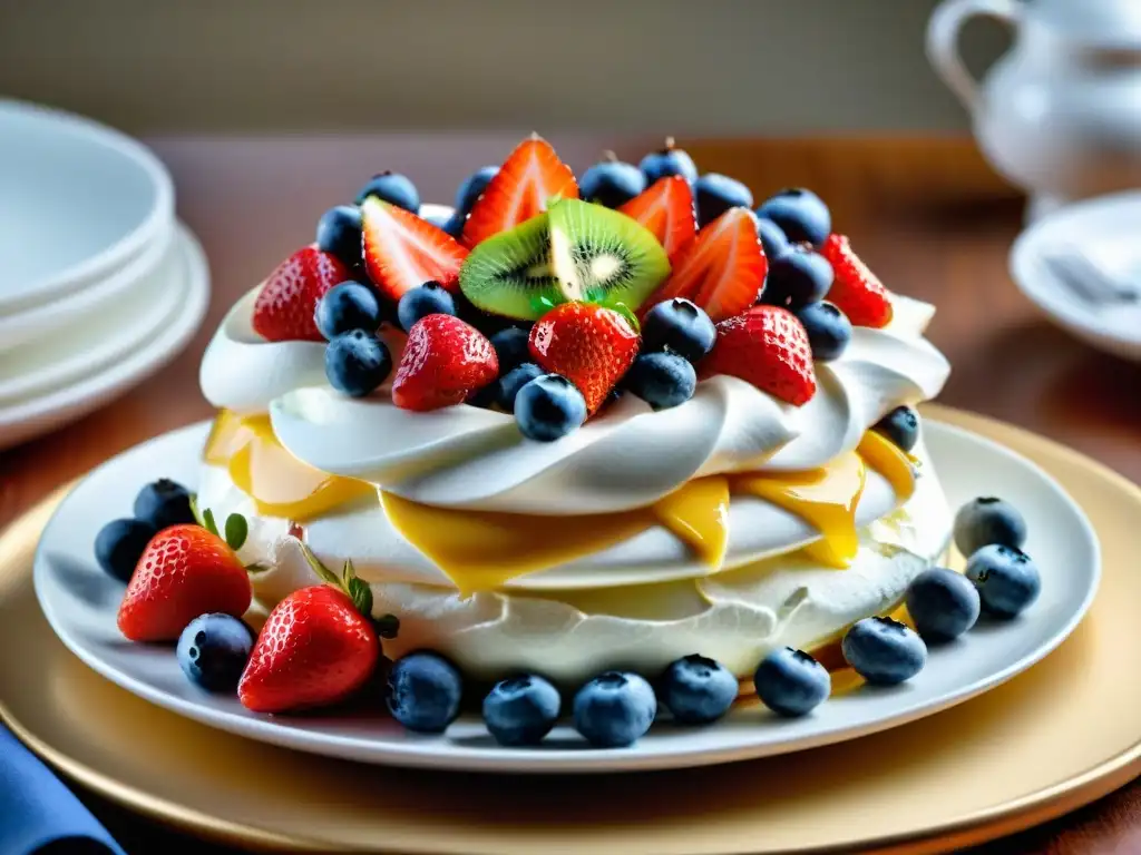 Exquisita Pavlova decorada con frutas frescas y crema, en plato de porcelana blanco