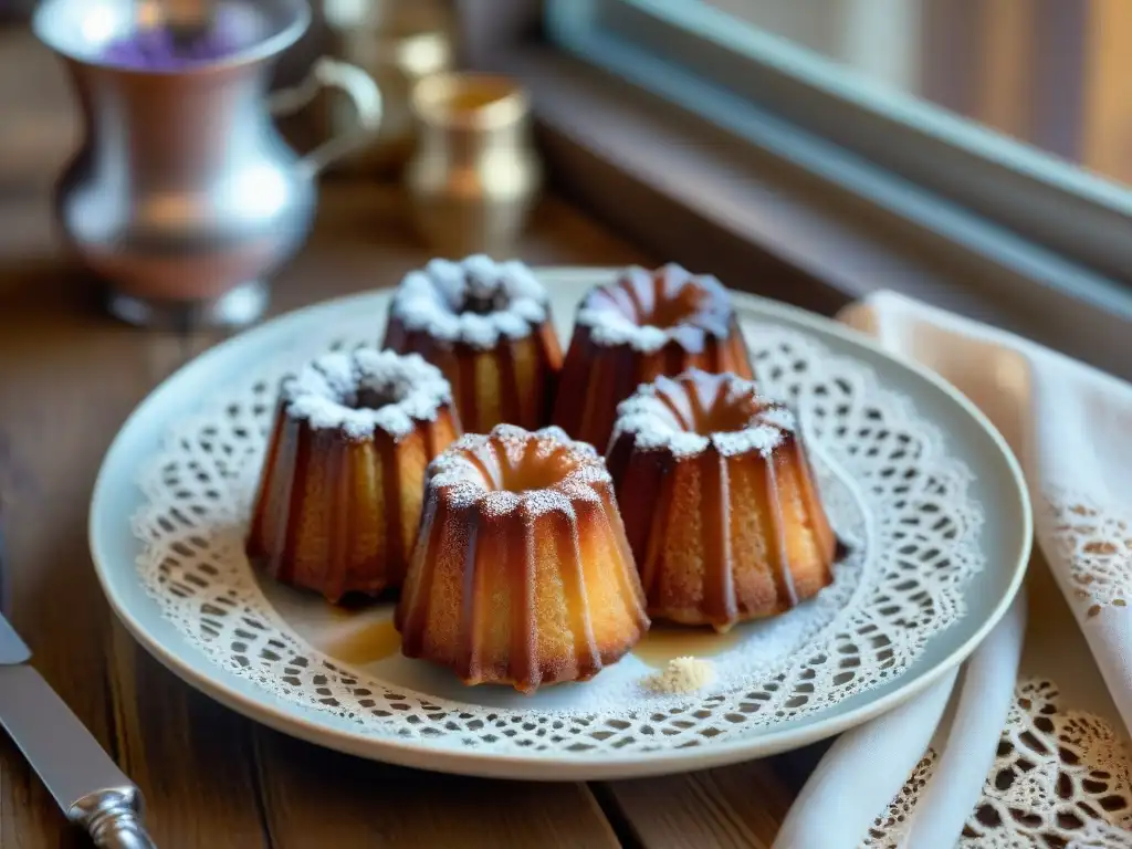 Una exquisita presentación de Canelés de Burdeos receta gourmet en una mesa rústica con toques franceses