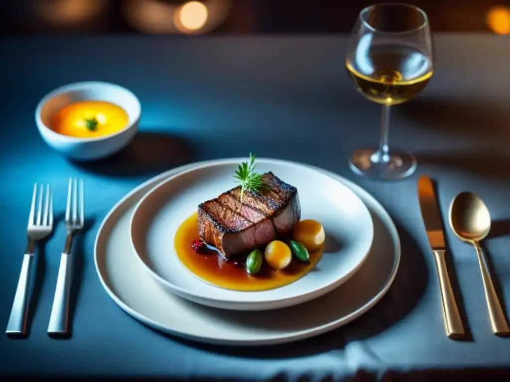 Una exquisita presentación de carne cultivada en alta gastronomía, en un elegante restaurante gourmet