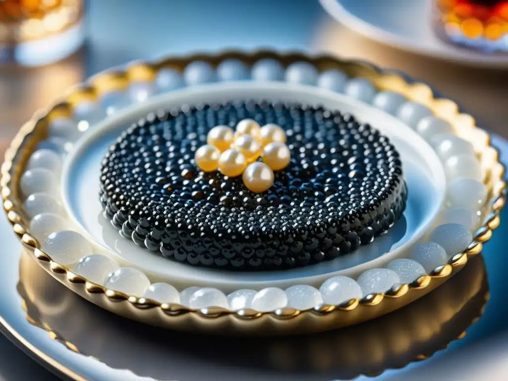 Una exquisita presentación de Caviar de lujo gourmet exclusivo, perlas negras brillantes sobre hielo en un elegante plato de cristal