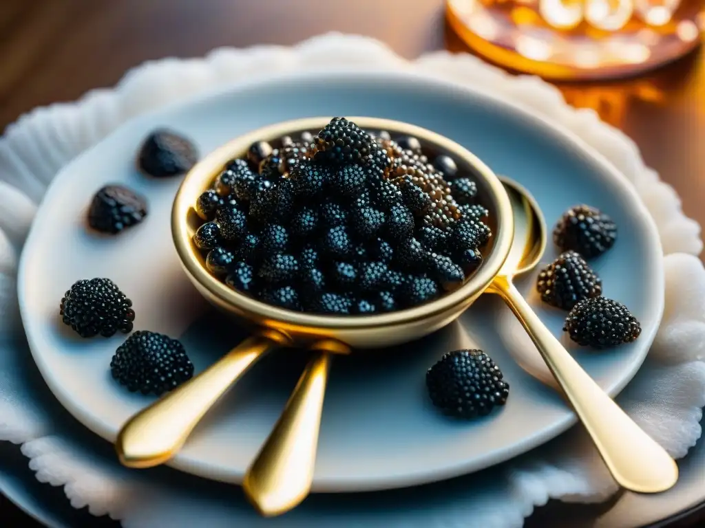 Una exquisita presentación de caviar negro rodeada de cucharas de nácar y copas de champán, bajo una luz suave