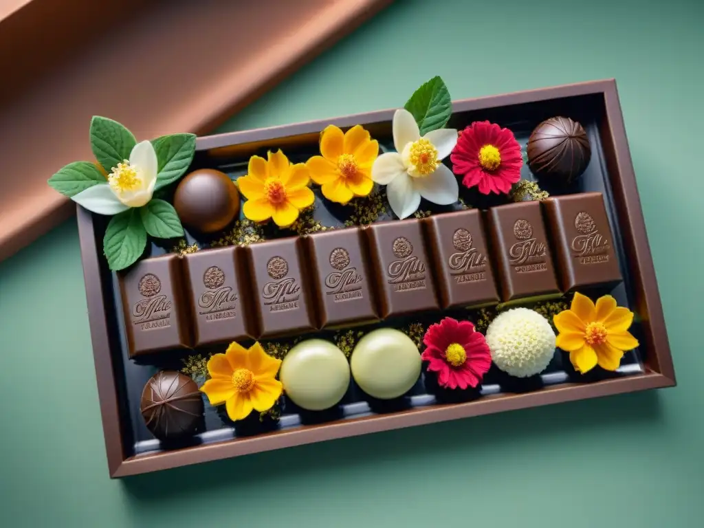 Exquisita presentación de chocolates artesanales con infusiones sorprendentes, elegancia gourmet