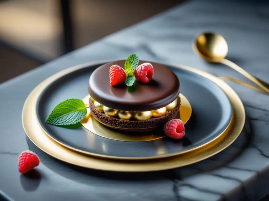 Una exquisita presentación de dulces gourmet plan Keto en un plato de mármol, con trufas de chocolate sin azúcar, macarons de almendra y torta de chocolate sin harina, adornados con frambuesas y hojas de oro comestibles