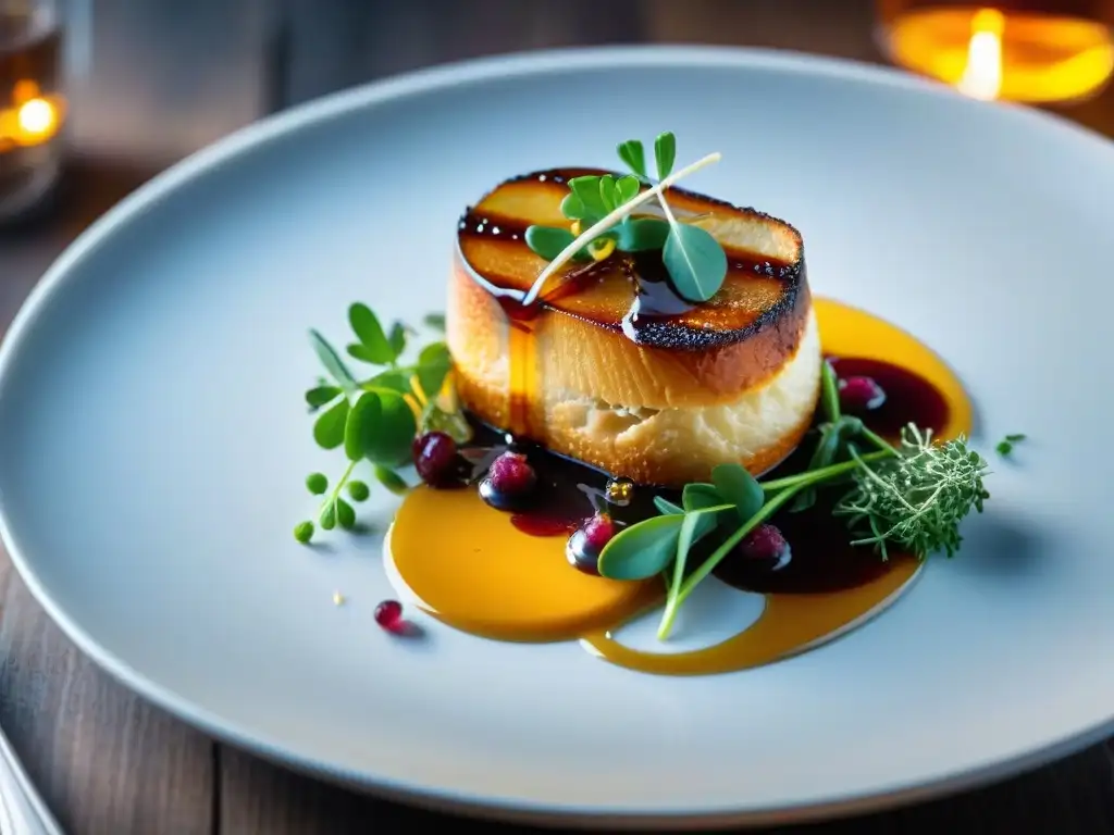 Una exquisita presentación de foie gras delicadamente dorado sobre brioche, bañado en reducción de vino de Oporto