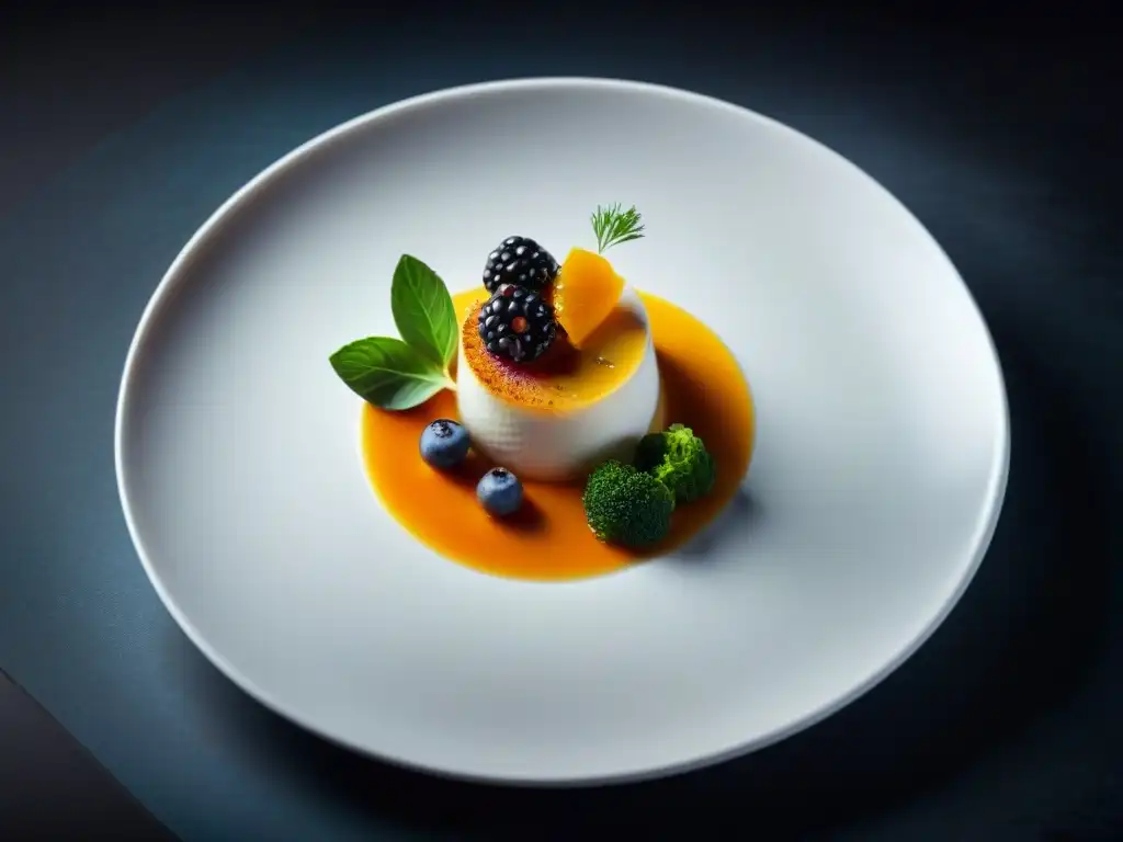 Una exquisita presentación gastronómica gourmet con ingredientes coloridos, en plato blanco sobre fondo oscuro
