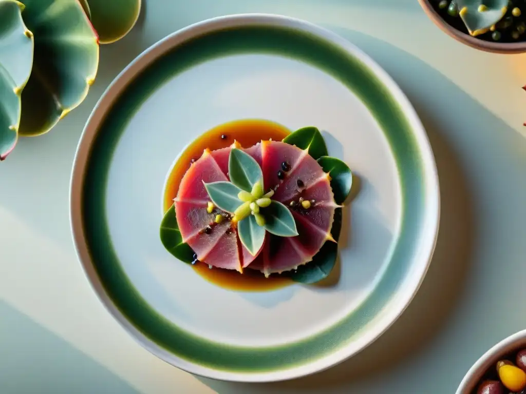 Una exquisita presentación gourmet con sabor crujiente de tunas y nopales en plato blanco