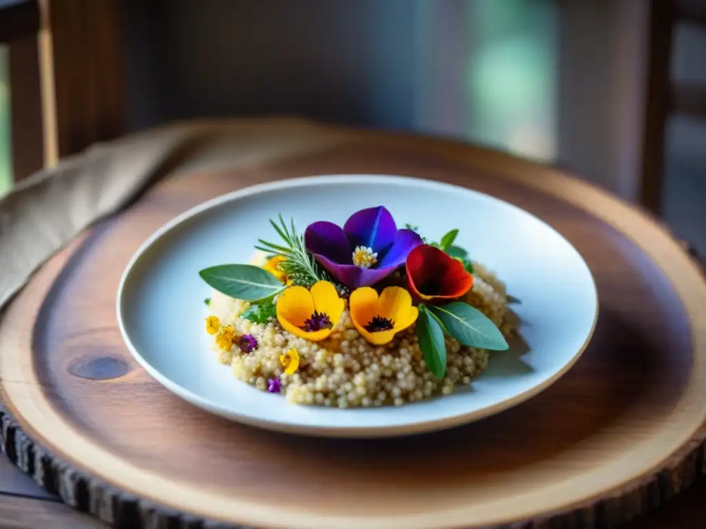 Exquisita presentación de granos antiguos en cocina gourmet con hierbas frescas y flores comestibles en plato blanco sobre mesa de madera