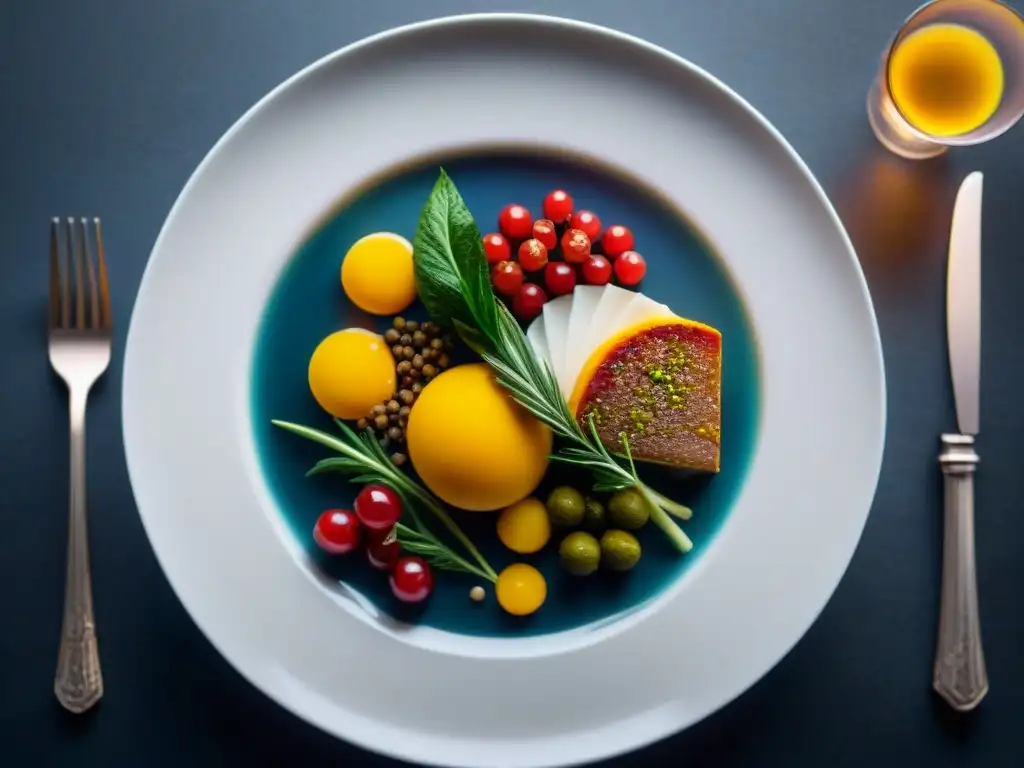 Exquisita presentación de ingredientes gourmet en un plato blanco, destacando la alta gastronomía