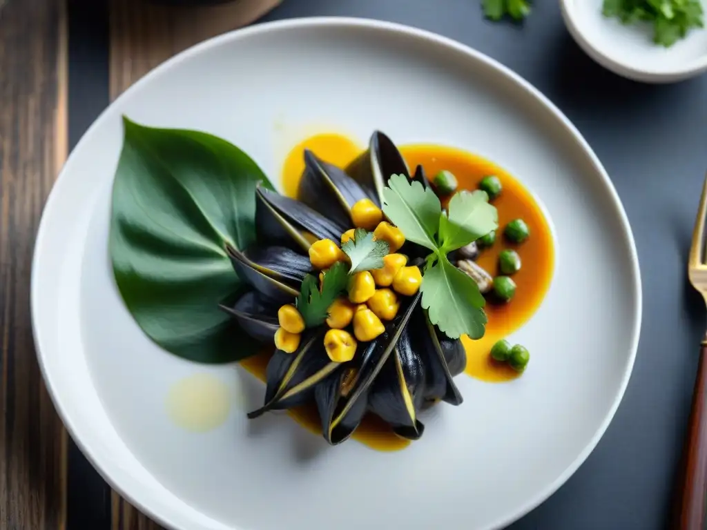 Una exquisita presentación de un platillo gourmet de huitlacoche en un elegante plato blanco