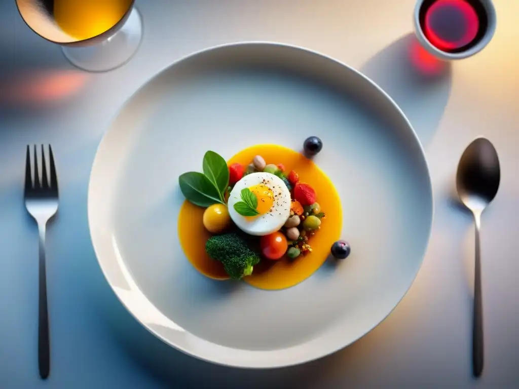 Una exquisita presentación de alta gastronomía en un plato blanco moderno, con ingredientes vibrantes y coloridos