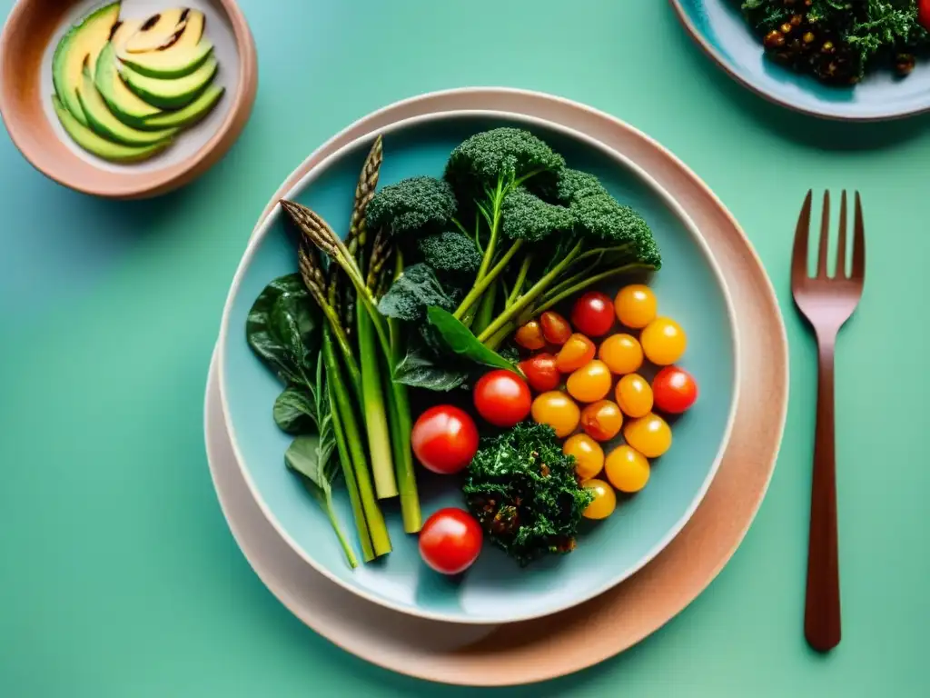 Una exquisita presentación de plato gourmet vegano inspira con sus ingredientes frescos y coloridos