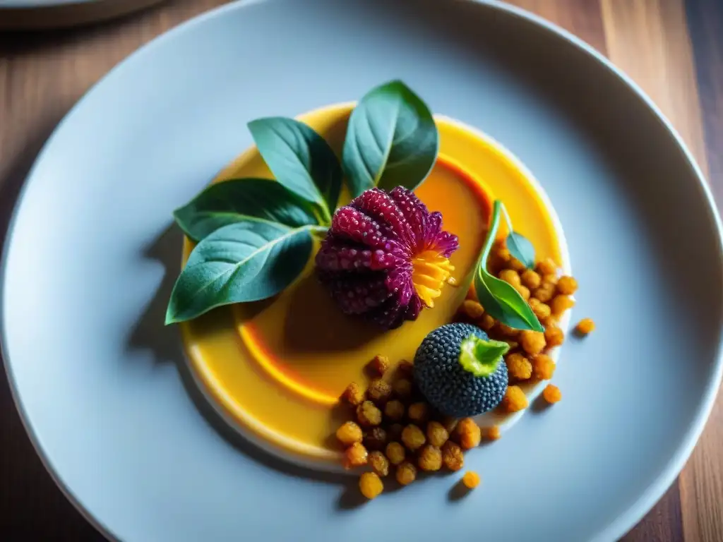 Exquisita presentación de un plato gourmet vegano con ingredientes frescos y coloridos