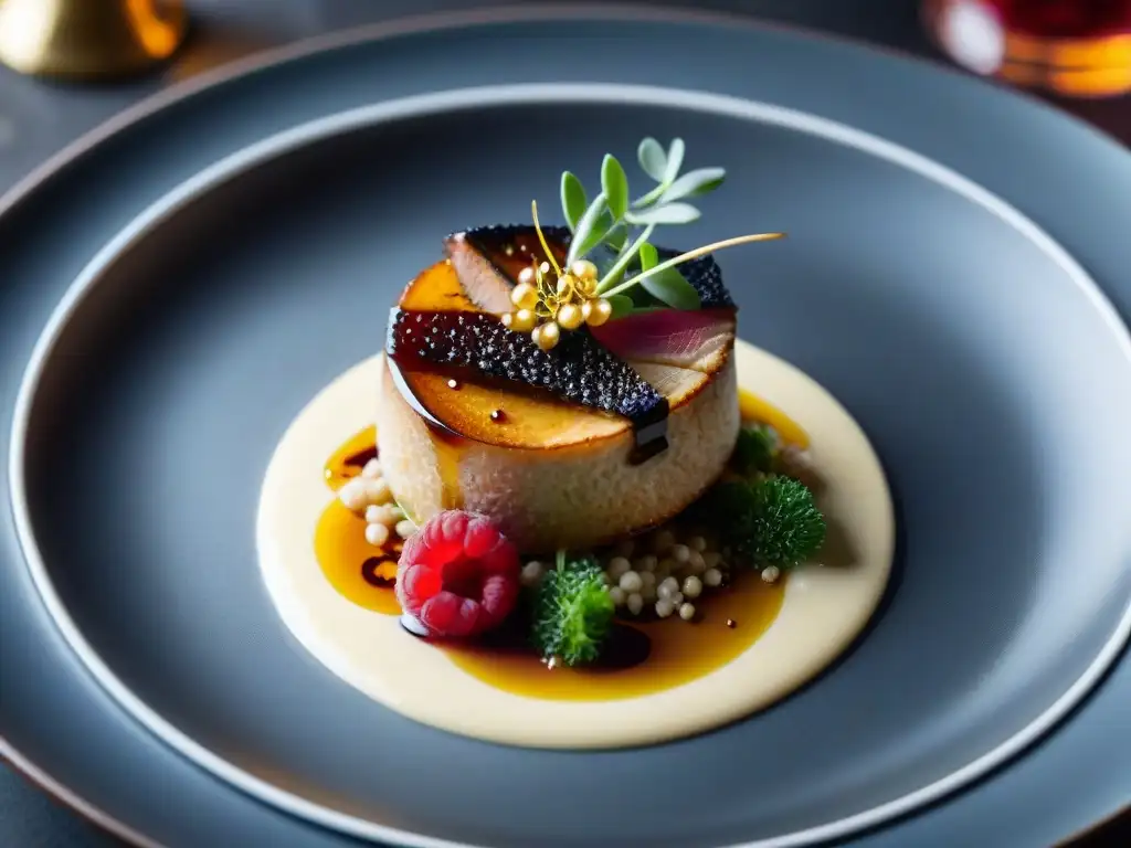 Una exquisita presentación de un plato gourmet con foie gras, risotto de trufa y decoración de oro comestible