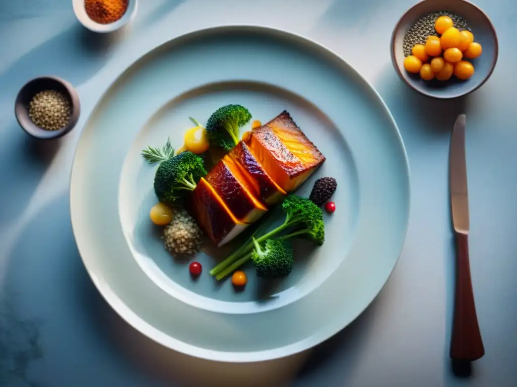 Una exquisita presentación de un plato rodeado de ingredientes frescos y coloridos