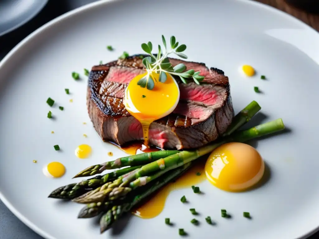 Exquisita presentación de un suculento filete cocinado sous vide, con espárragos y huevo a baja temperatura en un plato blanco