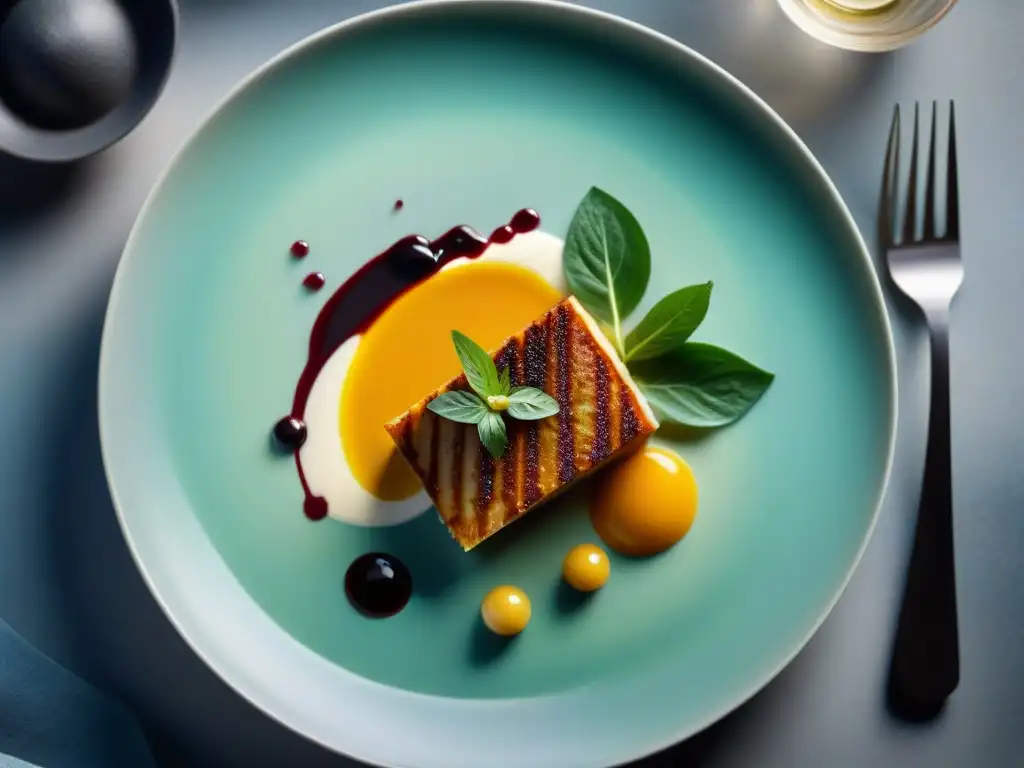 Exquisita fotografía alta gastronomía profesional de un plato gourmet bellamente decorado, con colores vibrantes y detalles intrincados