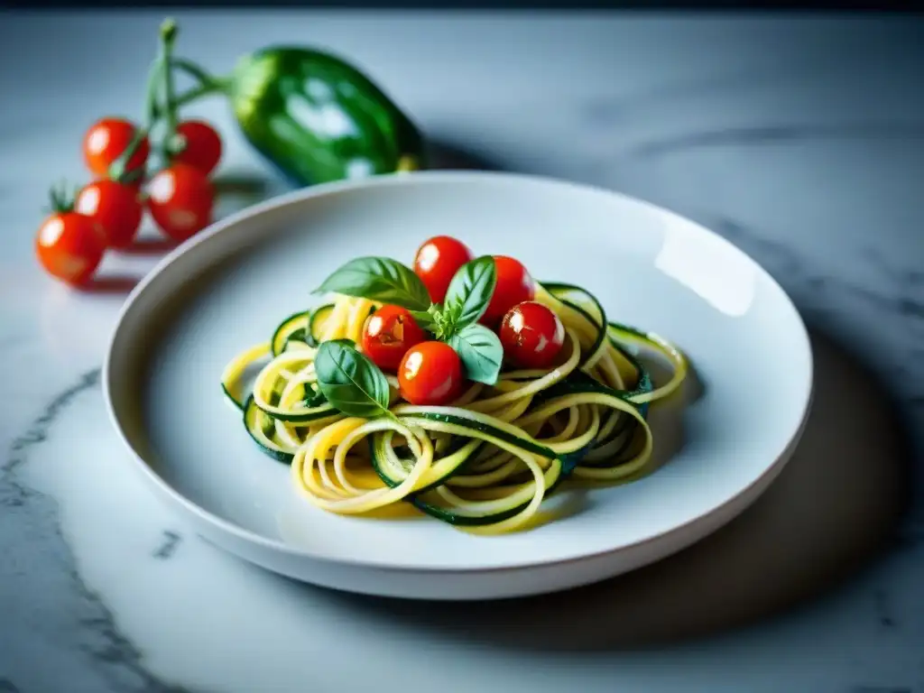 Exquisita receta de espaguetis gourmet sin harina con zoodles coloridos, tomates cherry y albahaca fresca en un plato blanco moderno