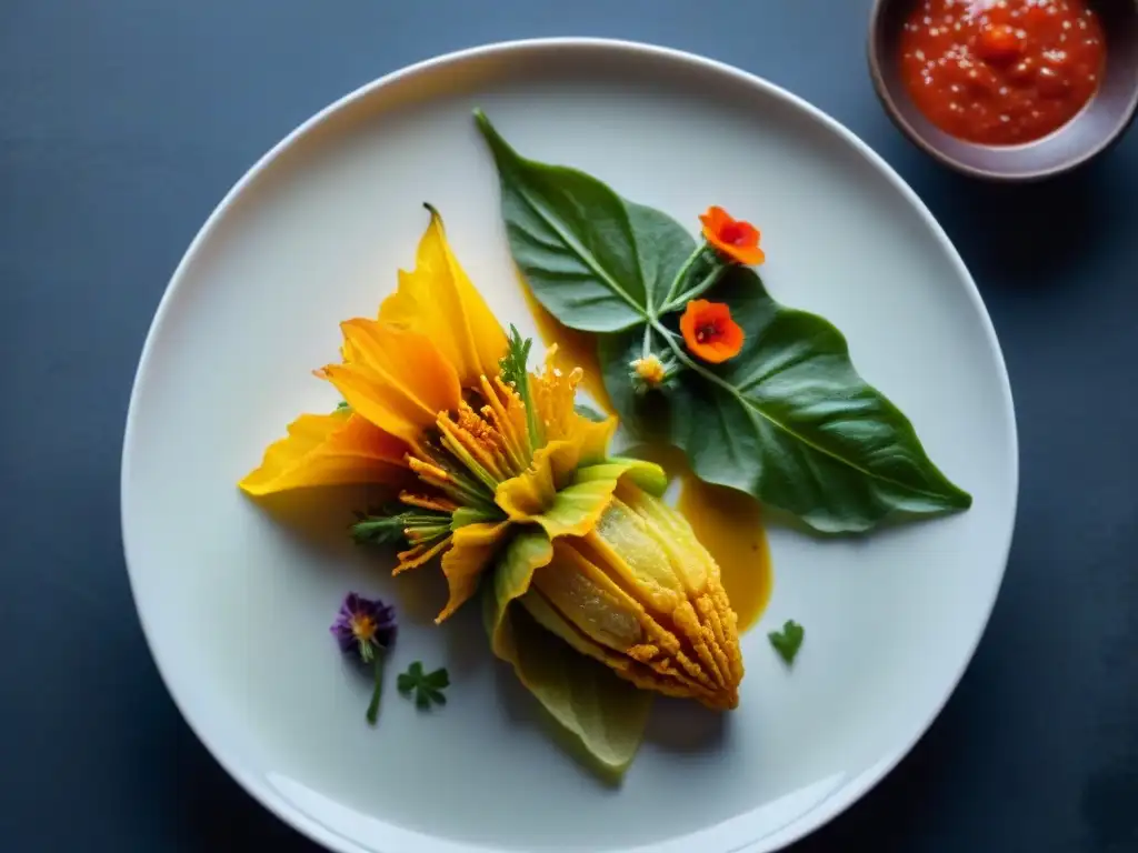 Exquisita receta flor de calabaza gourmet: flor de calabaza rellena de queso, salsa verde y hierbas frescas en elegante plato blanco