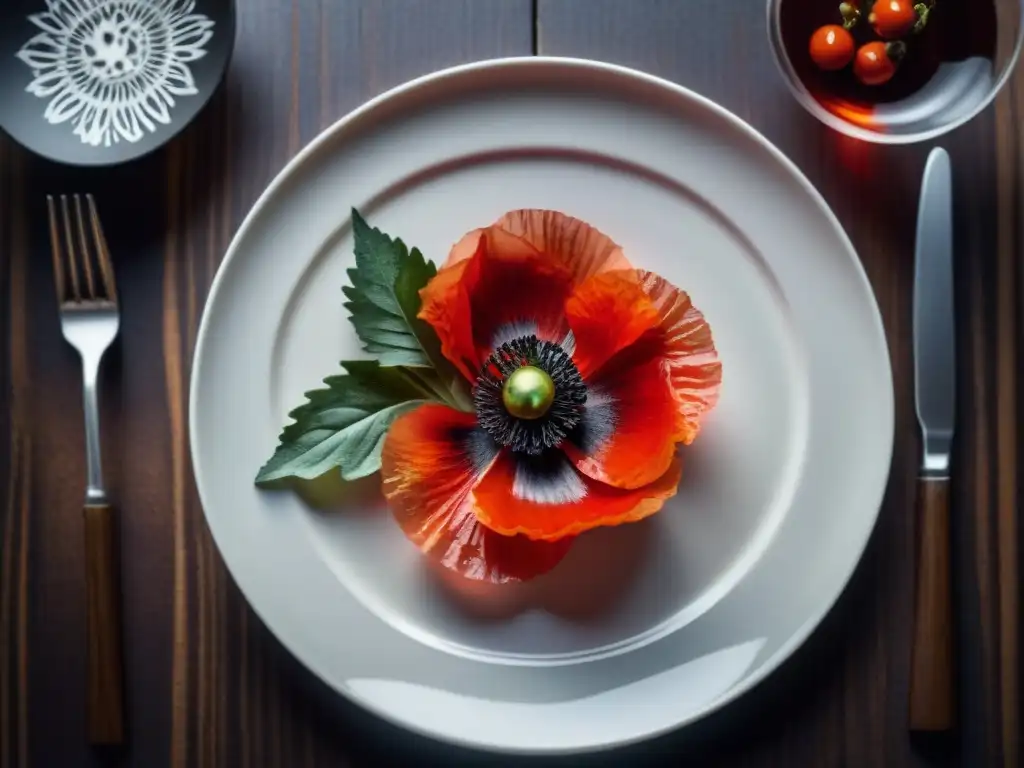 Exquisita receta gourmet con amapolas en plato blanco sobre mesa de madera oscura