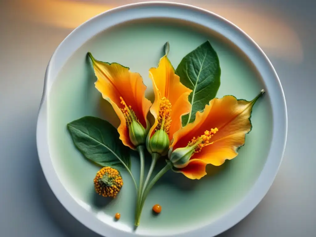 Exquisita receta gourmet de flor de calabaza rellena en un plato blanco, con detalles vibrantes y coloridos