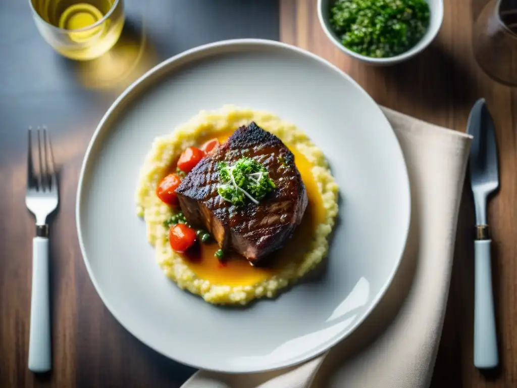 Una exquisita receta ossobuco tradicional milanés gourmet servida con risotto de azafrán y vino tinto