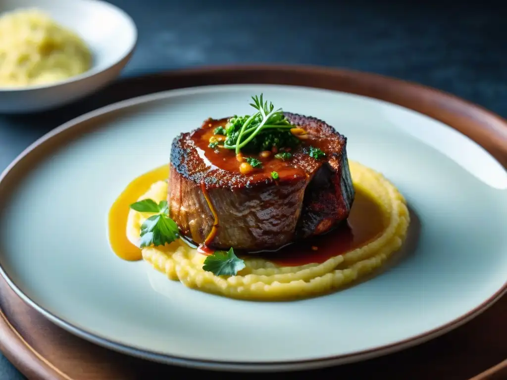 Exquisita receta ossobuco tradicional milanés gourmet servida con saffron risotto cremoso, gremolata y vino tinto