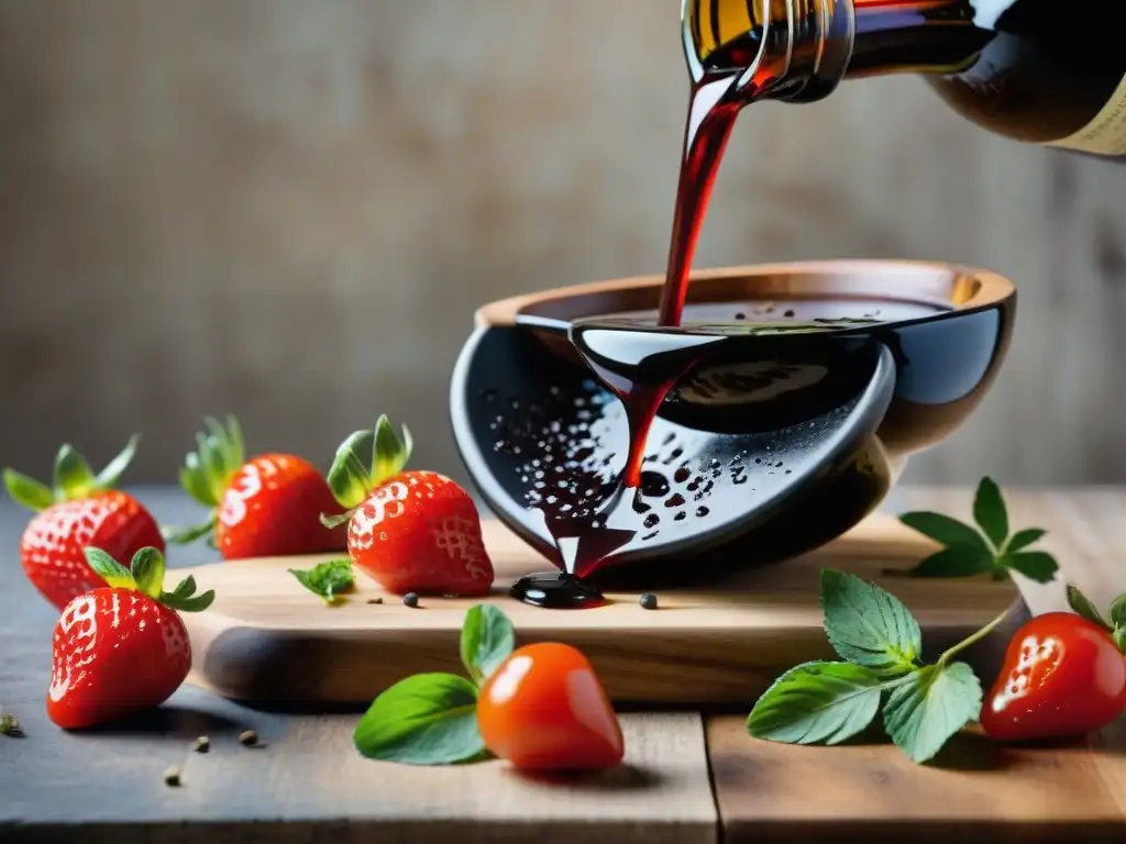 Una exquisita reducción de vinagre balsámico sobre fresas, tomates y queso Parmesano en tabla de madera