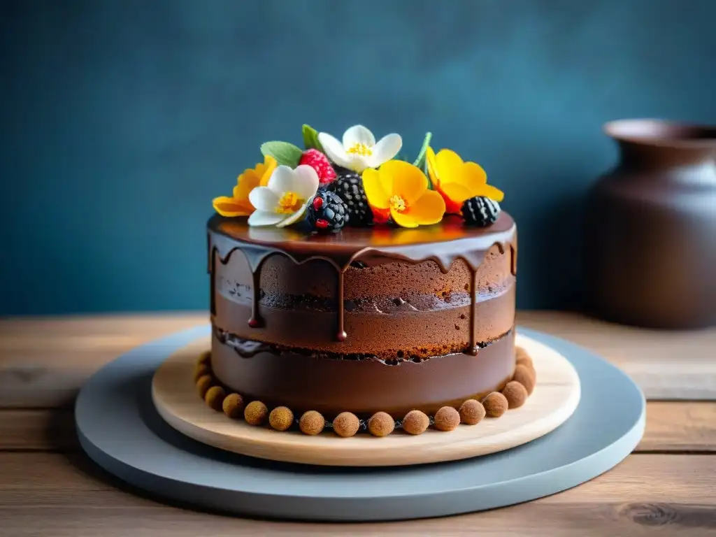 Exquisita repostería orgánica para paladares exigentes: torta de chocolate con flores y frutas frescas en mesa rústica