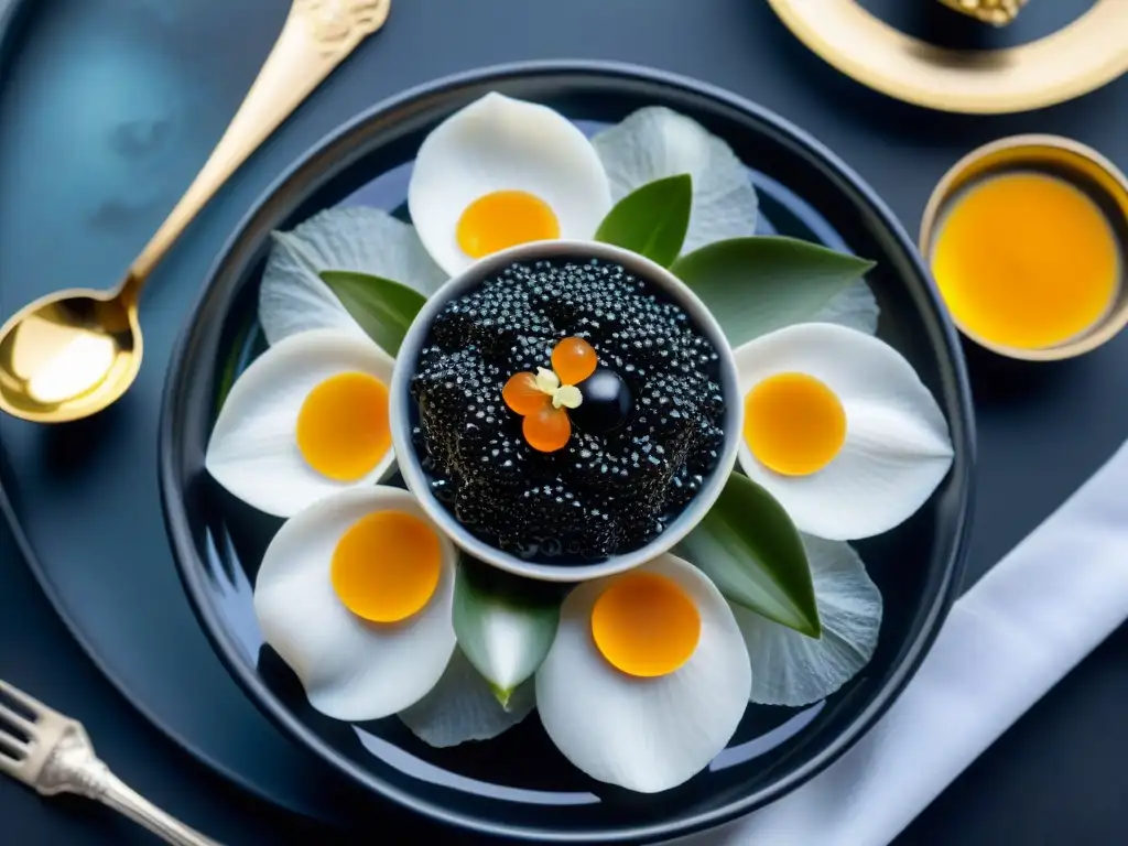 Una exquisita selección de caviar de lujo gourmet exclusivo en una elegante presentación de cristal, rodeada de finos detalles y exóticas orquídeas