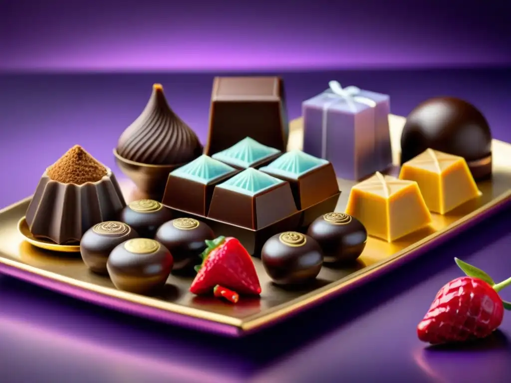 Una exquisita selección de Chocolates artesanales con infusiones sorprendentes sobre un elegante plato moderno
