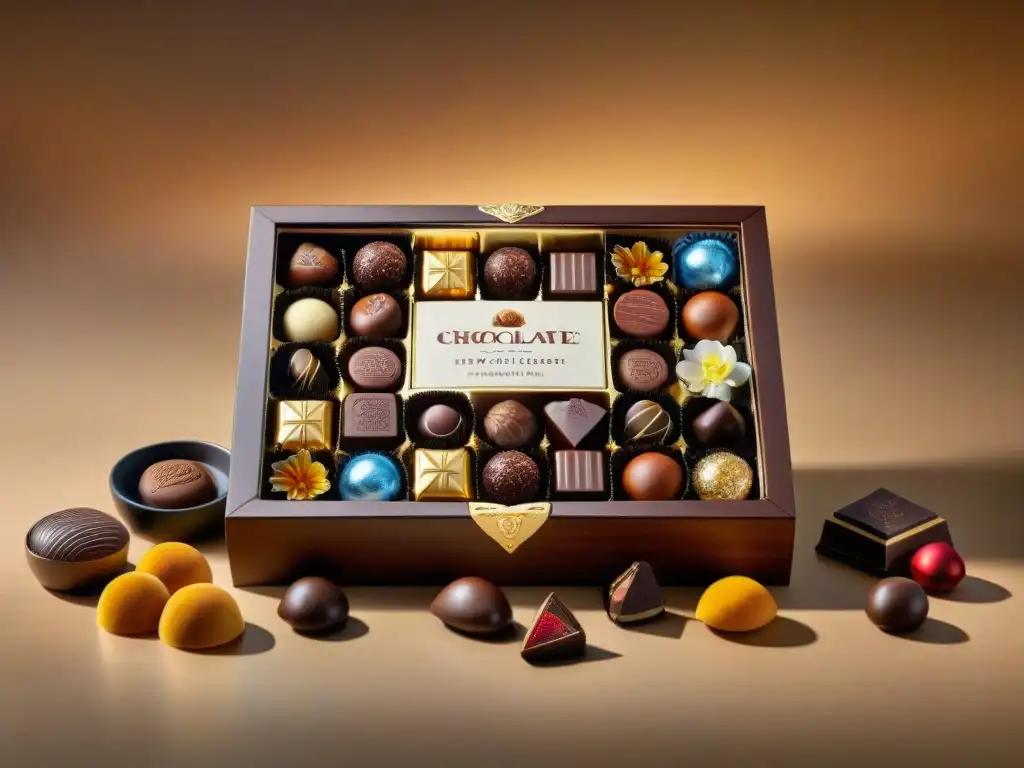 Exquisita selección de chocolates gourmet en lujosa caja de madera, ideal para los amantes de las mejores cajas suscripción chocolates gourmet