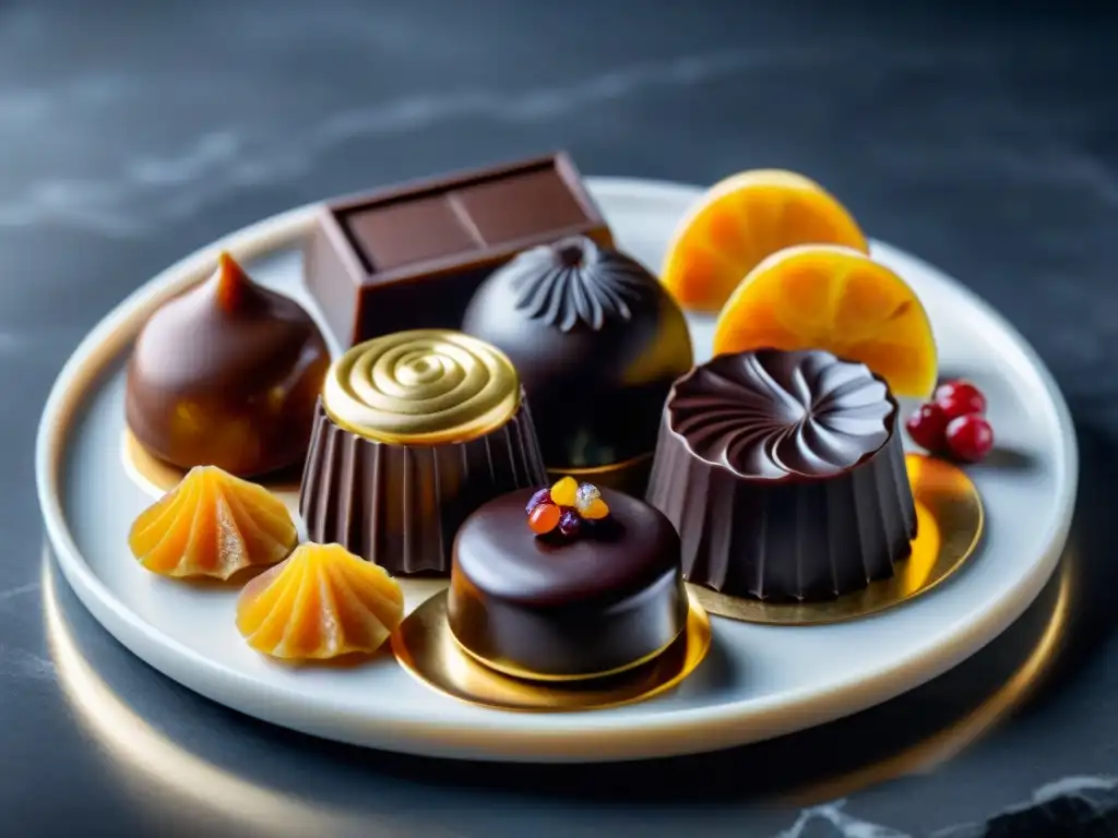 Una exquisita selección de chocolates oscuros artesanales en un elegante plato de mármol, decorados con detalles intrincados y frutas secas vibrantes