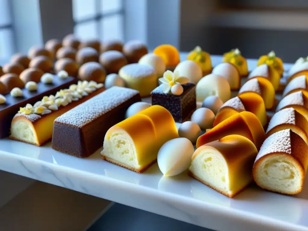 Una exquisita selección de financiers franceses en una elegante pastelería, con detalles refinados y luz natural