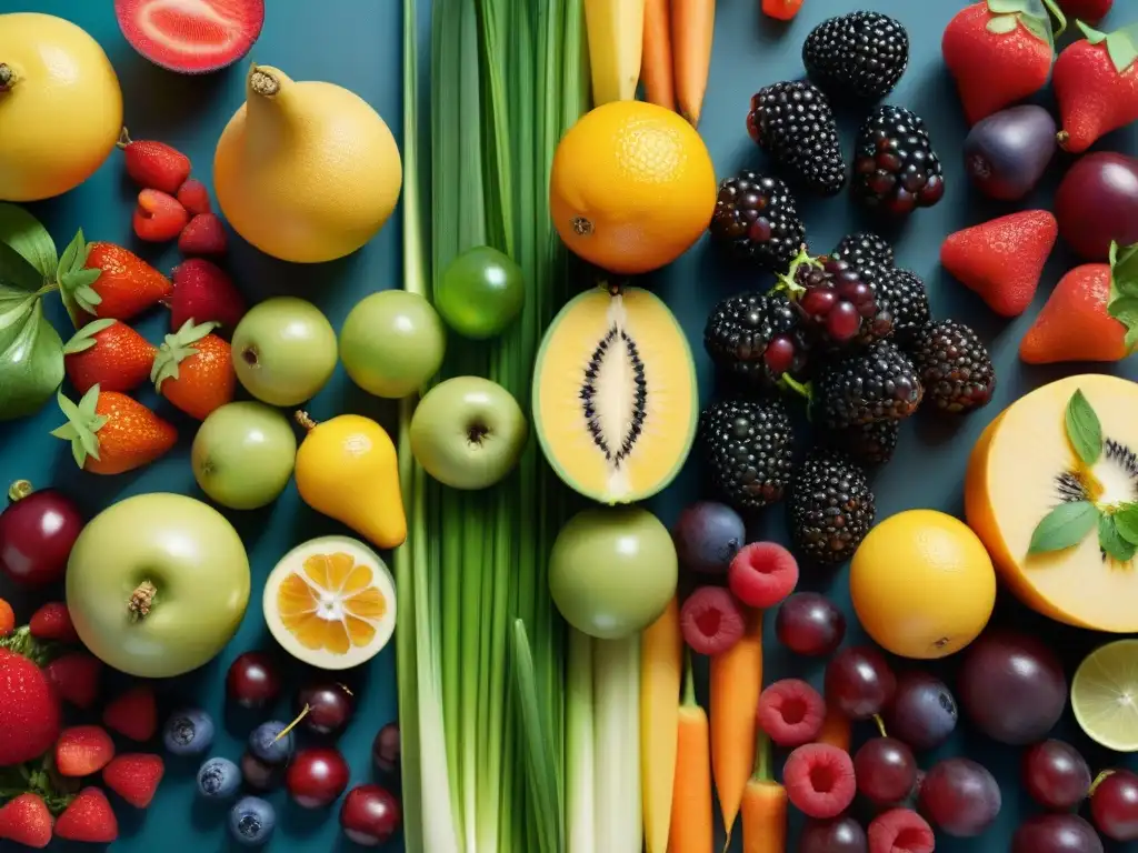 Una exquisita selección de frutas y verduras frescas en armoniosa paleta de colores