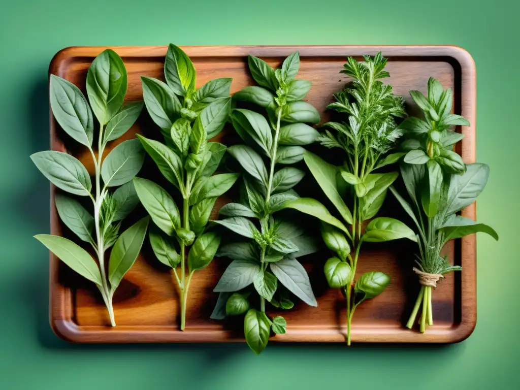 Una exquisita selección de hierbas aromáticas frescas sobre tabla de madera rústica