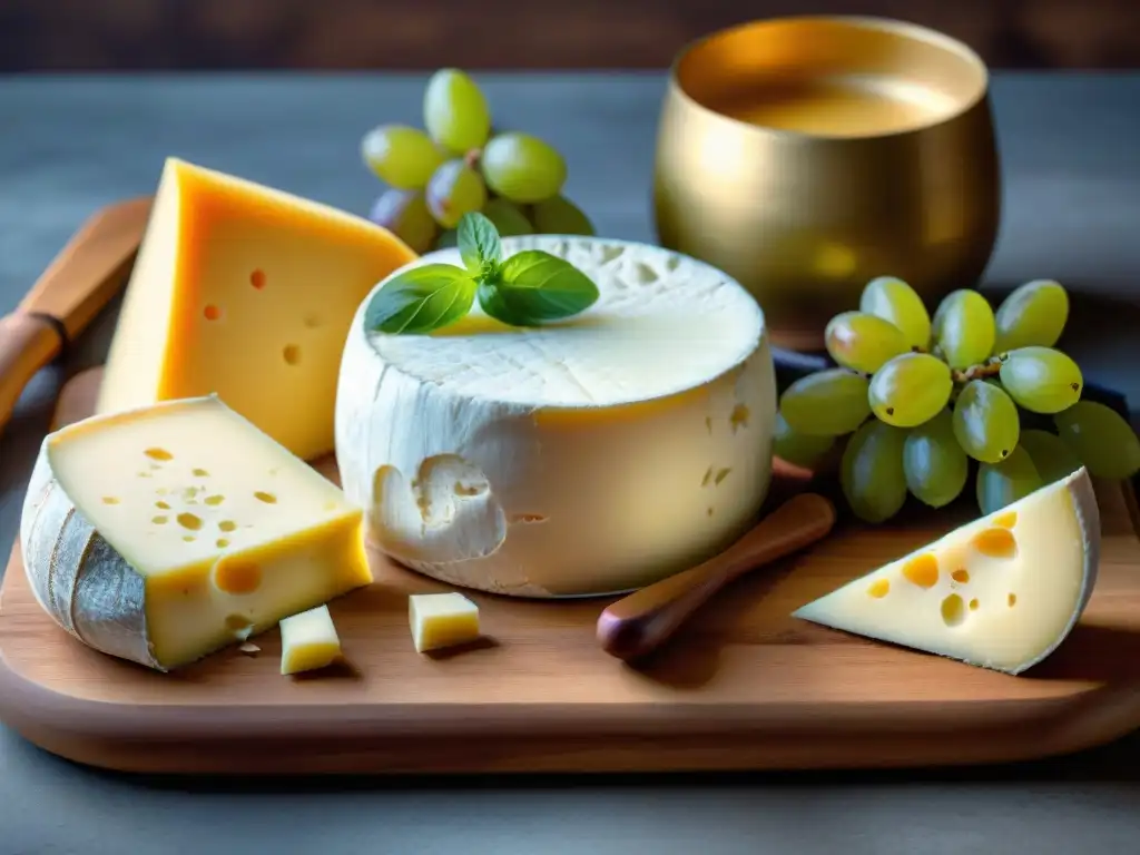 Delicias europeas: tabla de quesos artesanales con uvas y miel dorada Una exquisita selección de quesos de oveja europeos delicados, acompañados de uvas, miel y hierbas frescas, sobre una tabla rústica