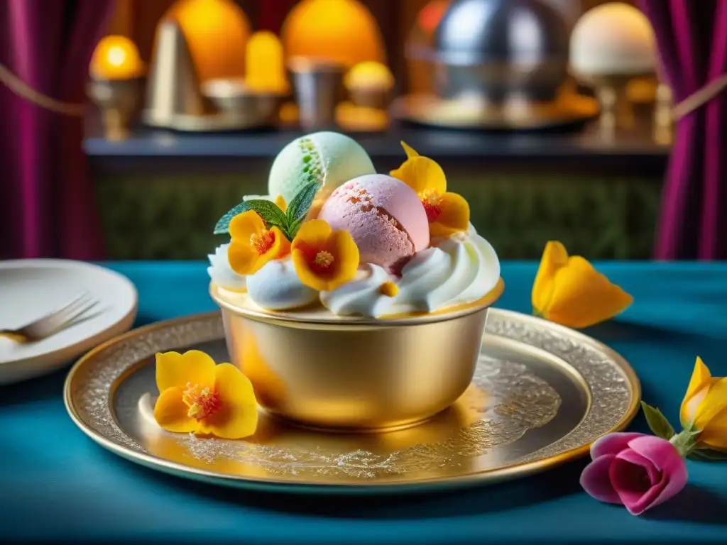 Una exquisita selección de sabores antiguos de helado de todo el mundo, presentada con elegancia en platos de plata en un majestuoso comedor histórico