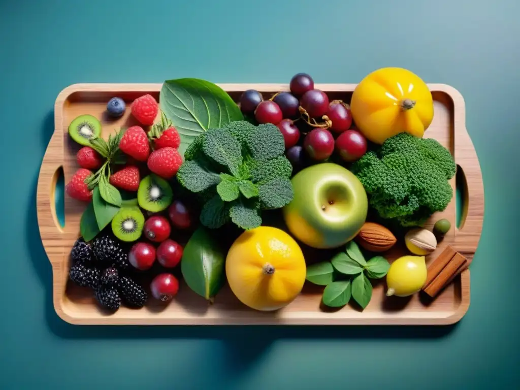 Una exquisita selección de superalimentos en un plato de madera moderno, listos para deleitar tus sentidos