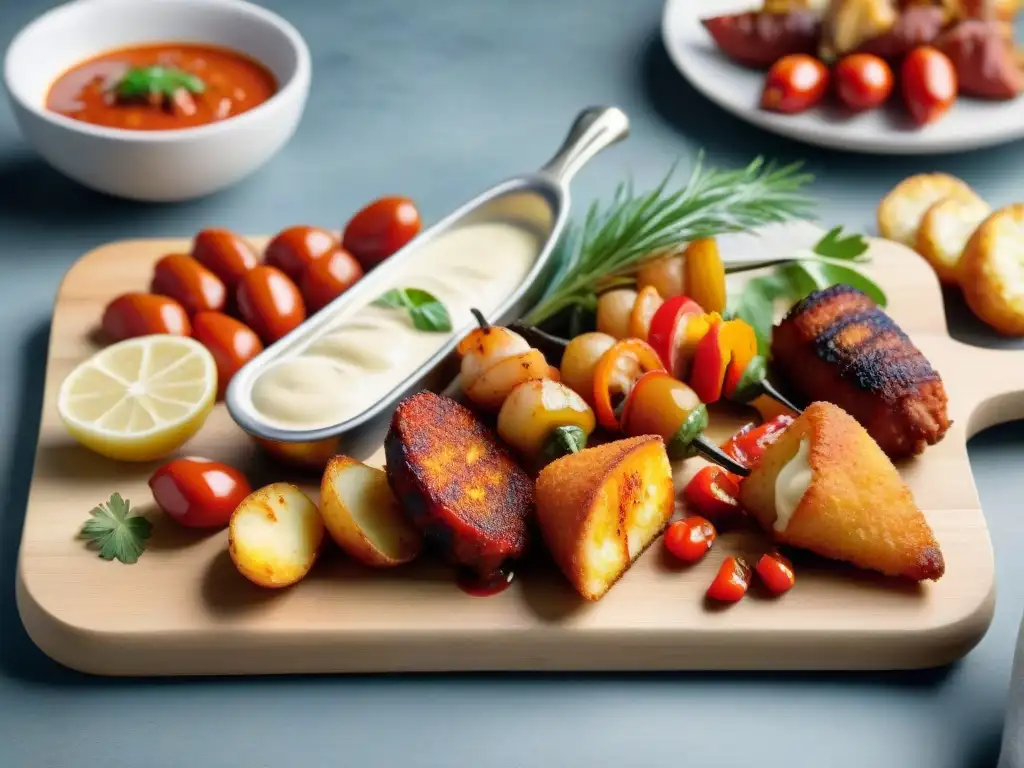 Deléitate con una exquisita selección de tapas españolas en una tabla de madera