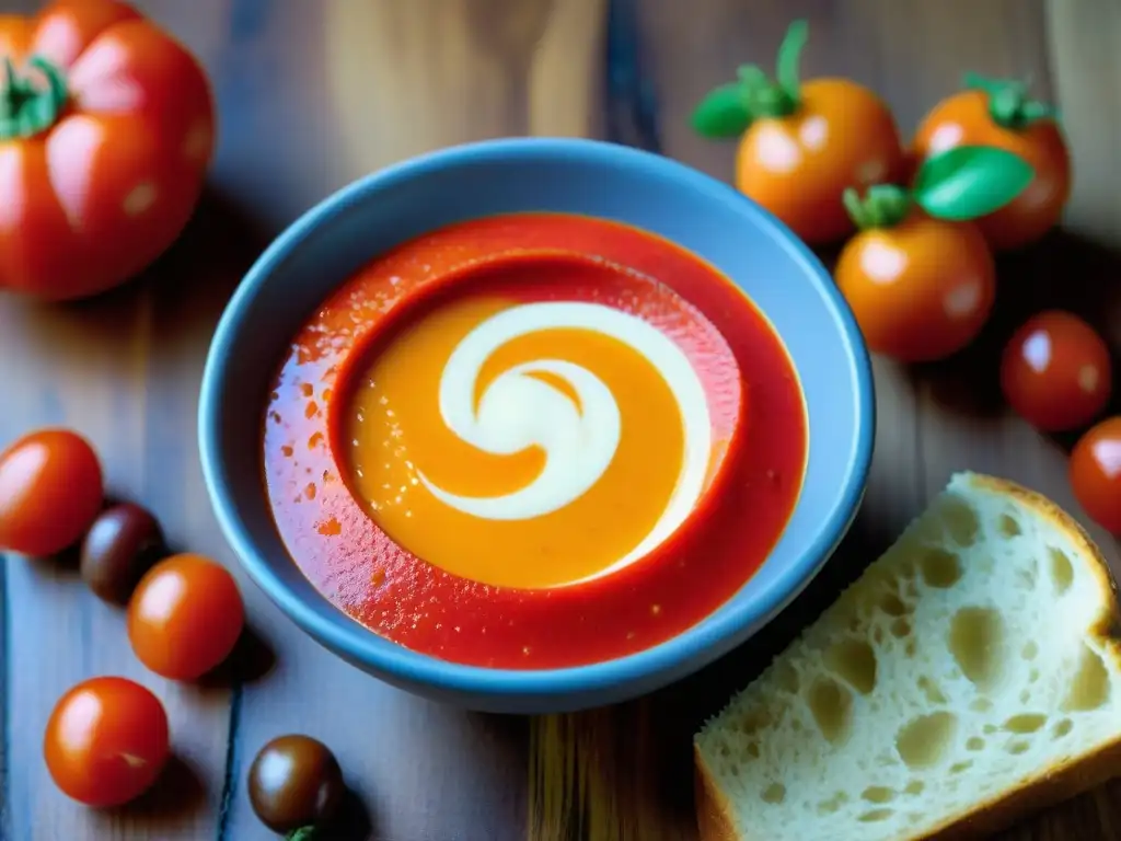 Una exquisita sopa fría Salmorejo receta gourmet, con ingredientes frescos y colores vibrantes en una mesa rústica