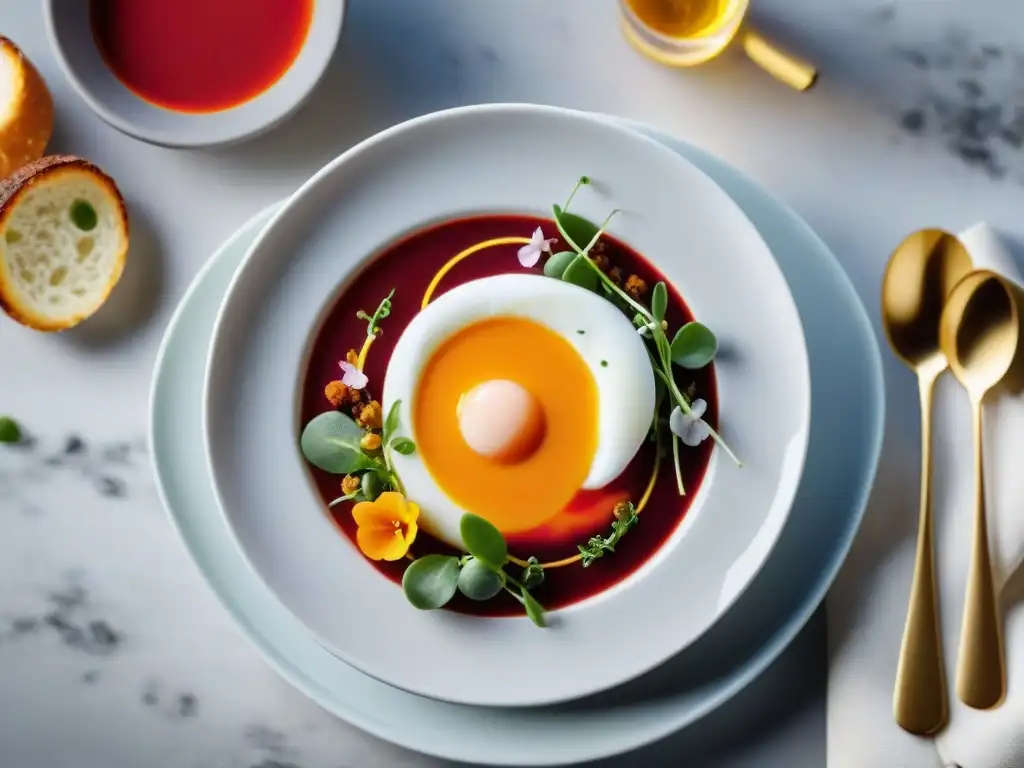 Exquisita sopa fría salmorejo receta gourmet con huevo poché, jamón ibérico y microgreens en plato blanco sobre fondo de madera