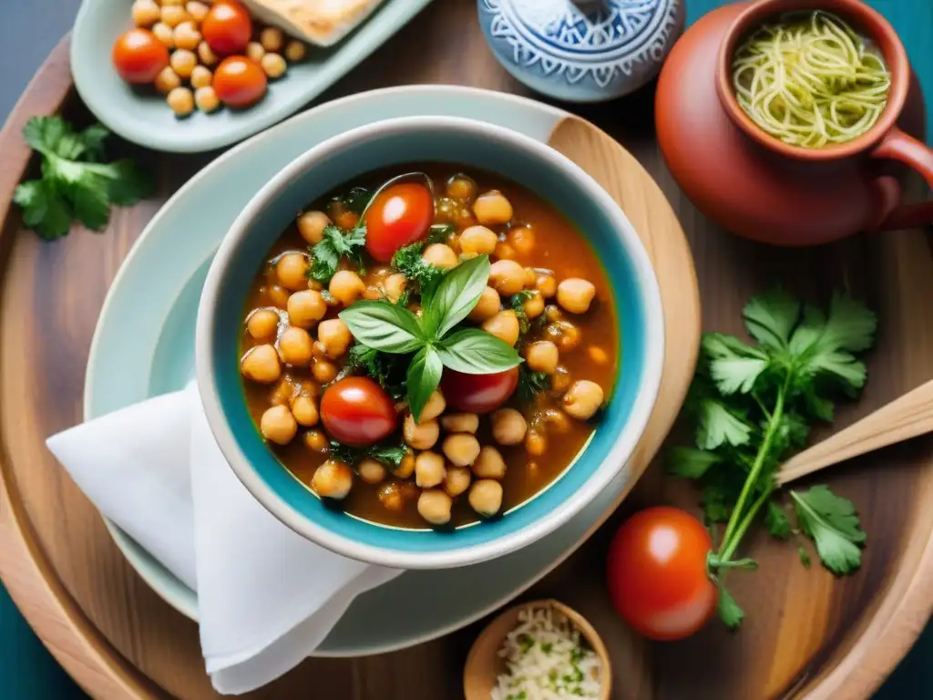 Una exquisita Sopa mediterránea Chorba gourmet con tomates rojos, garbanzos, fideos y hierbas frescas