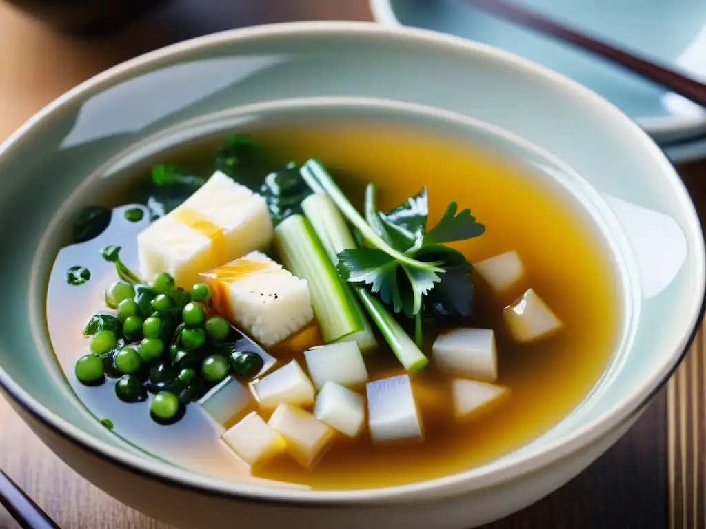 Una exquisita sopa de miso japonesa en un tazón de cerámica, con ingredientes esenciales umami