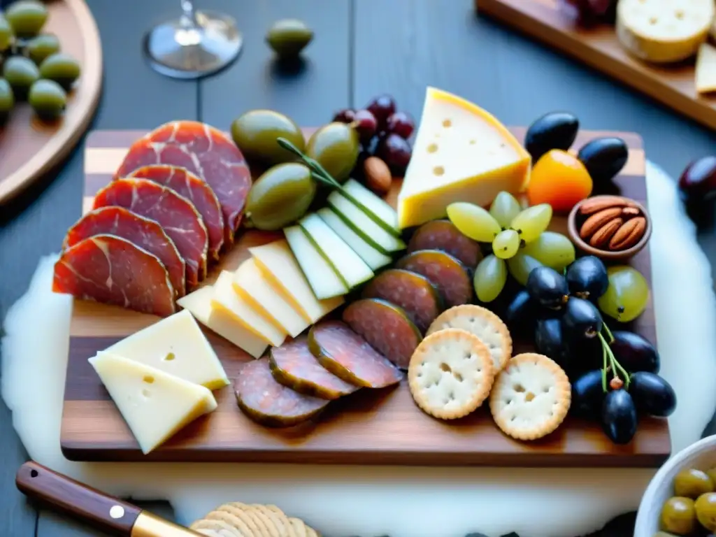 Una exquisita tabla de charcutería, con una cuidada selección de embutidos, quesos, frutas y frutos secos