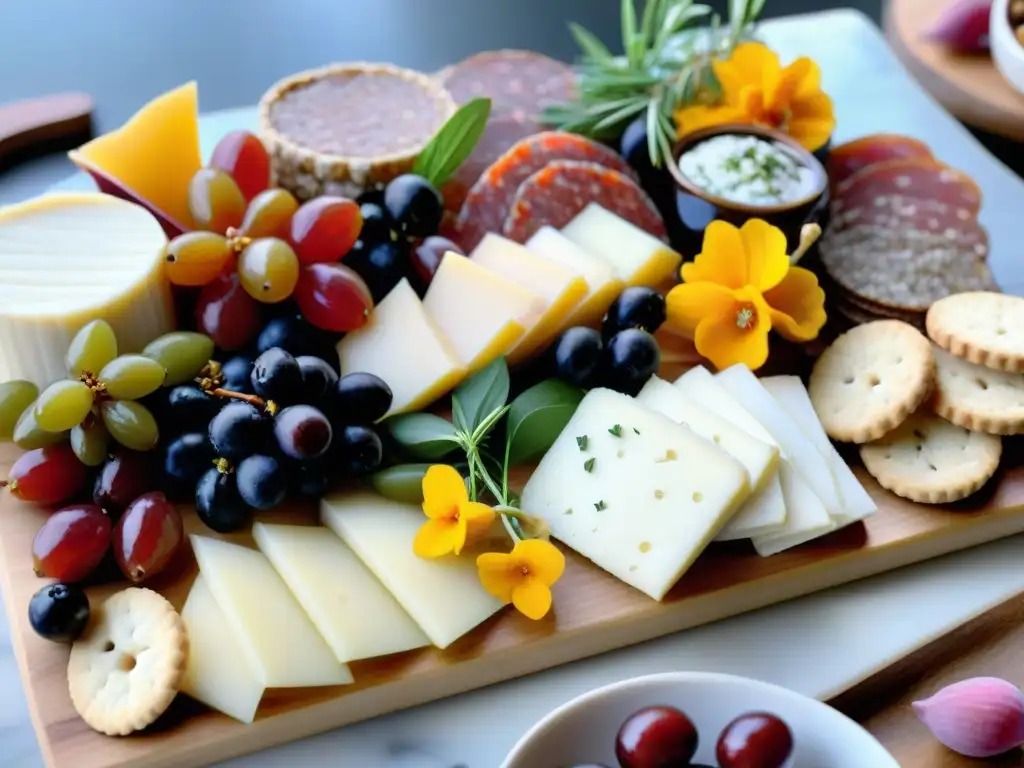 Una exquisita tabla de charcutería perfectamente decorada con una variedad de embutidos, quesos, frutas y frutos secos