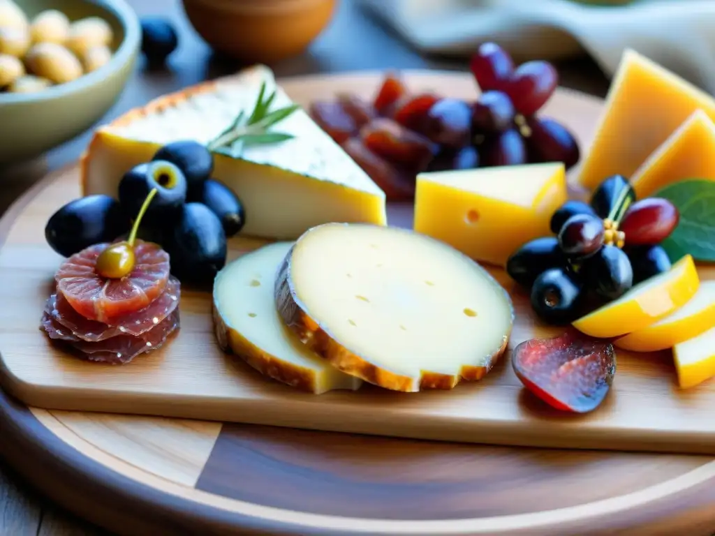 Una exquisita tabla de charcutería perfectamente decorada con quesos premium, embutidos, frutas frescas y pan artesanal, en un plato de madera rústico