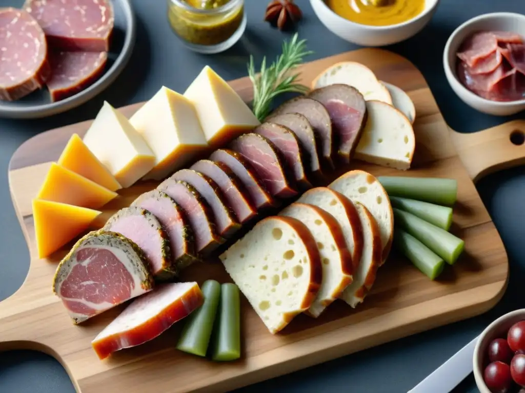 Una exquisita tabla de charcutería francesa con terrinas y patés, mostrando elegancia en cada detalle